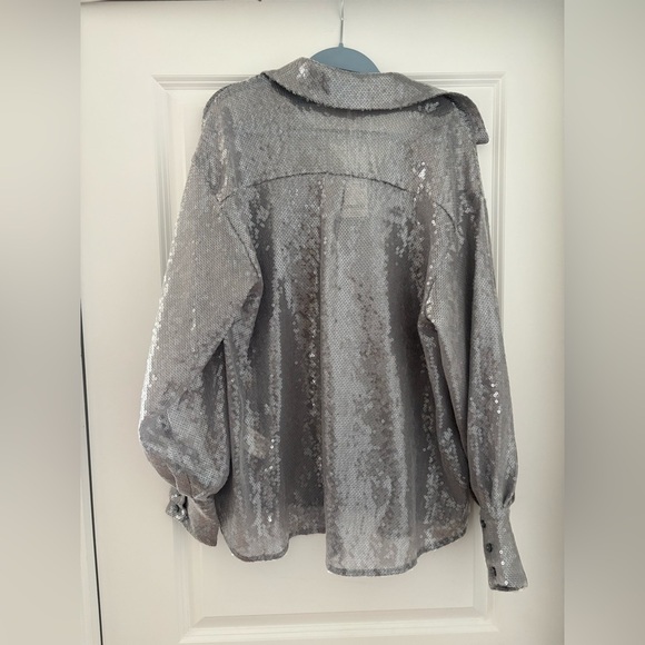 Free People “Disco Margarita” Sequin Button-Down Shirt – Silver – Size Small - Picture 7 of 16